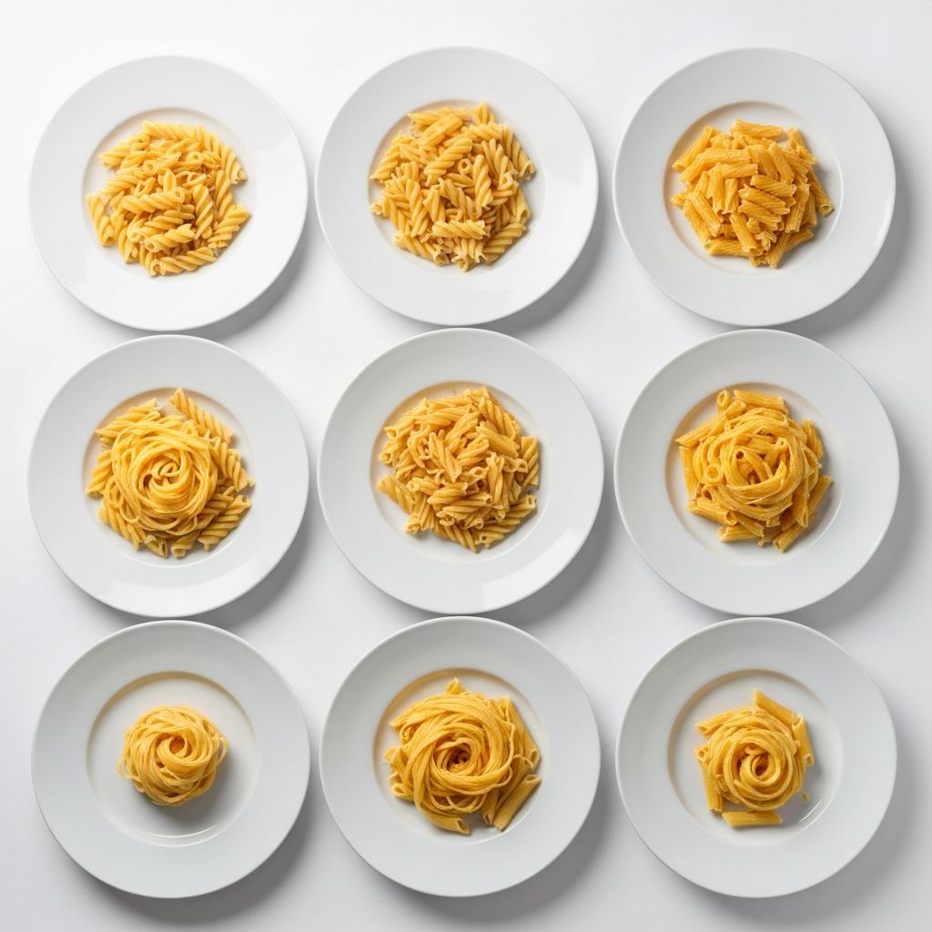 Multiple different portion amounts of pasta on standard plates