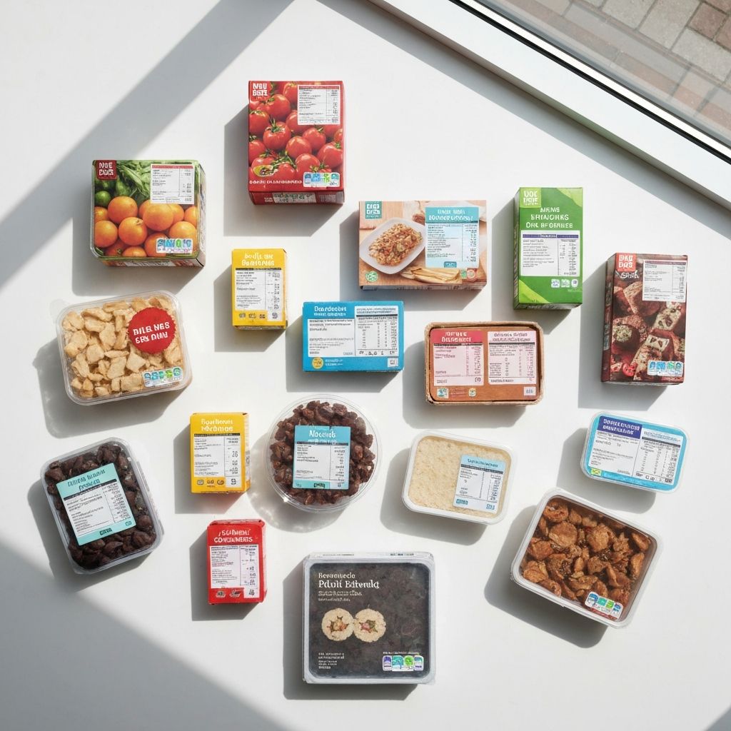 UK supermarket food packaging with nutrition labels and serving information